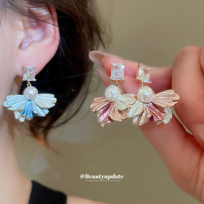 Blue and Purple Fan Drop Earrings with Pearl Accents
