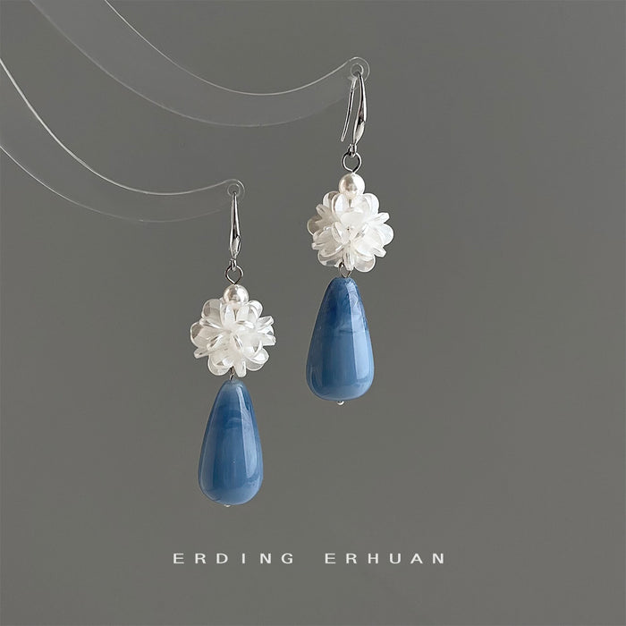 Silver White Pearl Flower Blue Teardrop Drop Earrings