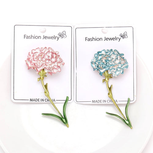 Textured Enamel Carnation Stem Brooch in Blue and Pink front view on a white background