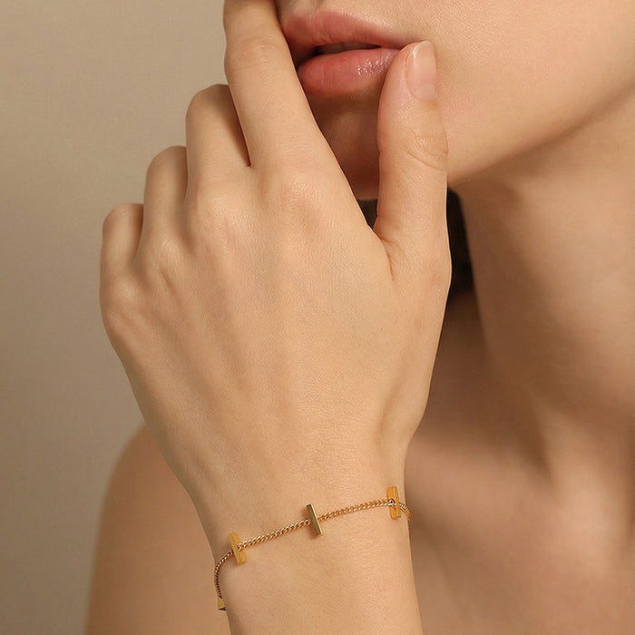 Gold Steel Bar Station Chain Bracelets With Extender