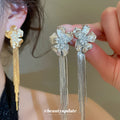 Crystal Flower Multi Chain Tassel Stud Earrings With Polished Metal Details view 2