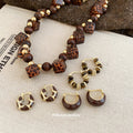 Leopard Cube Wood Bead Necklace Brown Hoop Earrings Set view 1