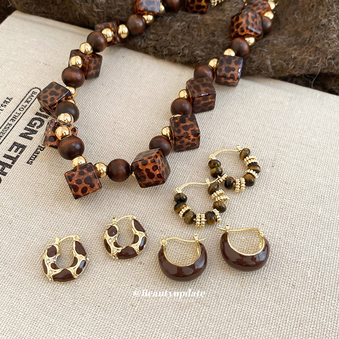Leopard Cube Wood Bead Necklace Brown Hoop Earrings Set