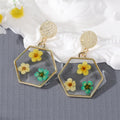 Gold Tone Hexagon Resin Pressed Flower Drop Stud Earrings view 2