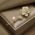 Rhinestone Rose Stem Brooch Pearl Accent Gold Silver view 2