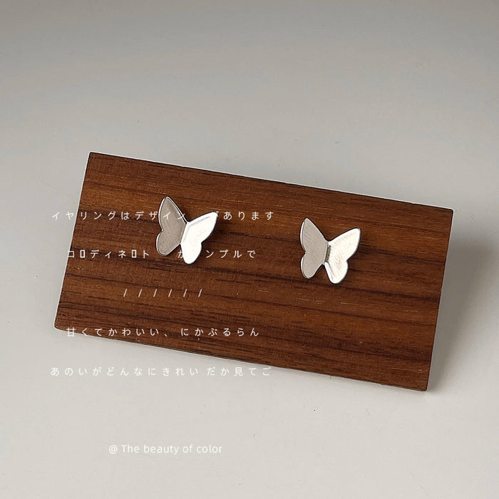 Silver-Tone Matte Smooth Mini Butterfly Stud Earrings Pair