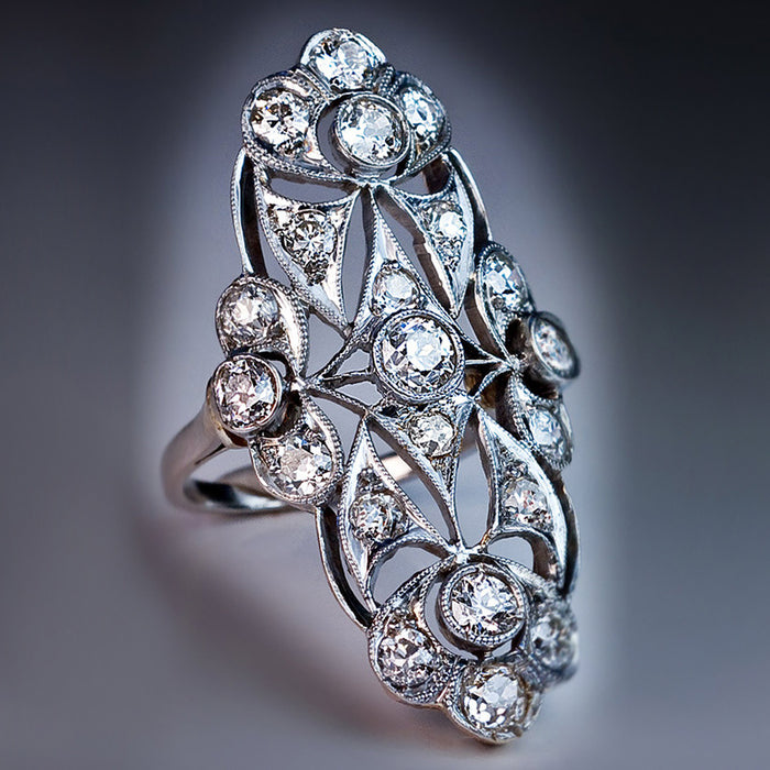 Silver Tone Elongated Floral Filigree Statement Ring