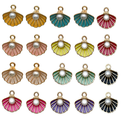 Colorful shell charms arranged on a light background