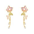 Gold Tone Pink Flower Green Leaf And Pearl Branch Stud Earrings view 5