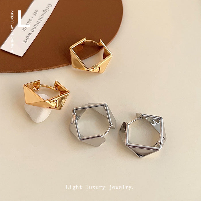 Square Geometric Faceted Metal Huggie Hoop Earrings Two Tones