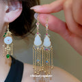 Gold Tone White Floral Green Bead Tassel Hook Earrings view 2