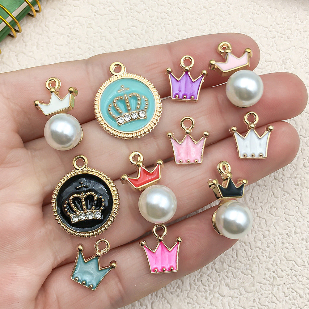 Enamel Zinc Alloy Pearl Crown Charm Pendant for DIY Necklace Keychain Jewelry Making