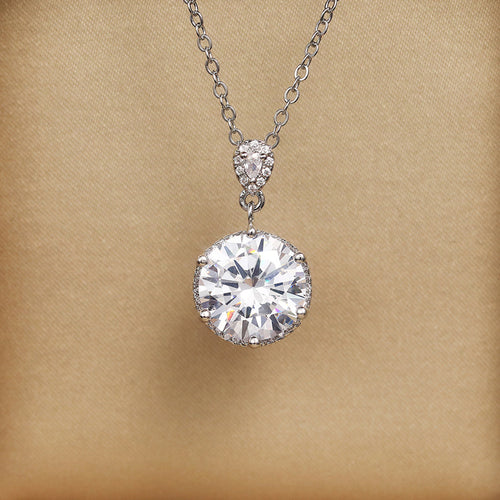 Silver Tone Six Prong Round Crystal Pendant Necklace angled detail