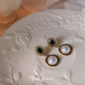 Antique Gold Black Stone Oval And Pearl Drop Earrings view 4