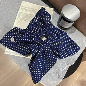 Navy White Polka Dot Fabric Bow Scrunchie Hair Tie