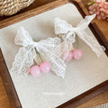 White Lace Bow Pink Cherry Bead Duckbill Hair Clip view 4