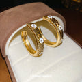 Gold Tone White Pave Wide C Shape Hoop Stud Earrings view 6