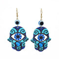 Gold Tone Printed Acrylic Hamsa Hand Evil Eye Hook Earrings in Eleven Designs view 7