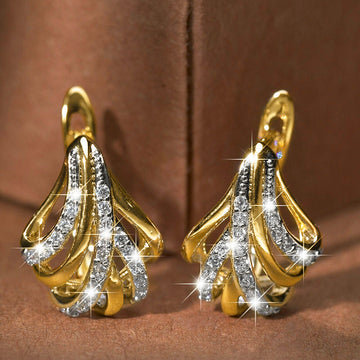 Two Tone Leaf Twist Huggie Hoop Earrings With Clear Stone Accents