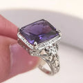 Silver Tone Purple Emerald Cut Vintage Filigree Ring view 4