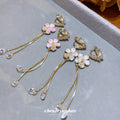 Pink and White Flower Ear Cuffs with Long Gold Tone Chain Drops view 4