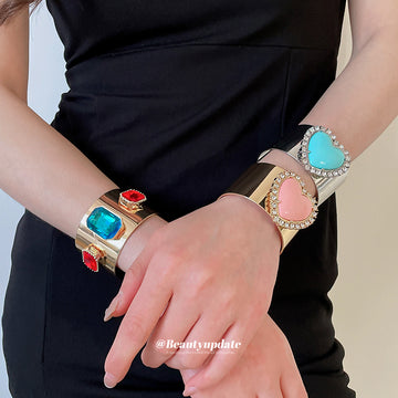Wide Metal Open Heart Cuff Bracelets Rhinestone Gold Silver