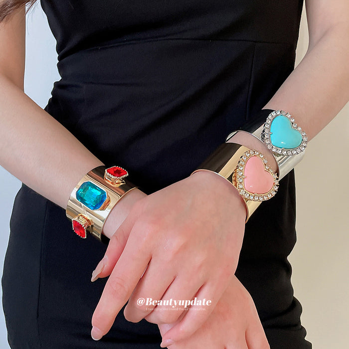Wide Metal Open Heart Cuff Bracelets Rhinestone Gold Silver