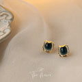 Blue Green Square Cabochon Stud Earrings Gold Wavy Frames view 3