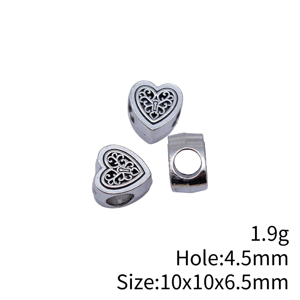 10x10x6.5mm 1.9g Antique Silver Zinc Alloy Heart Large Hole Spacer Beads for Bracelet Jewelry Making