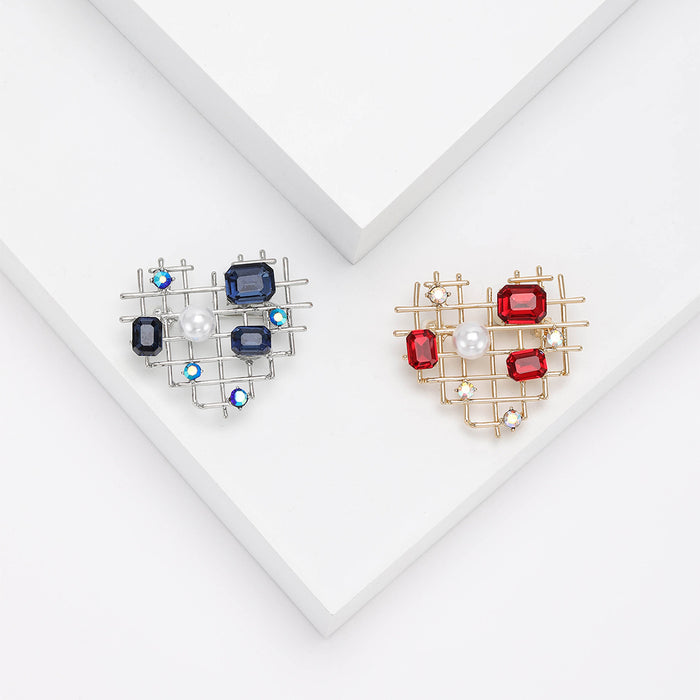 Geometric Open Heart Brooch in Red and Blue for Jackets, Coats, and Scarves