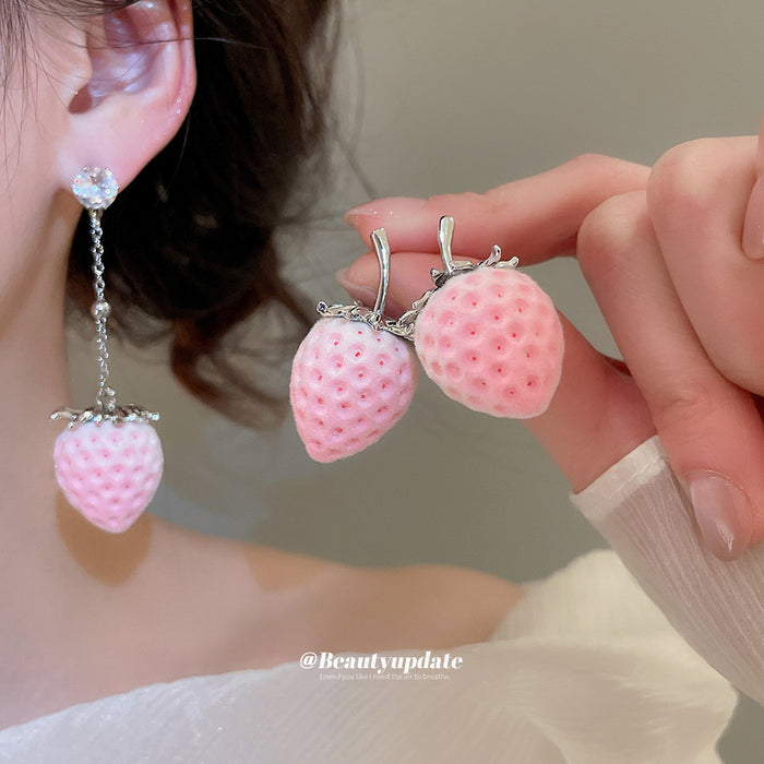 Pink Flocked Strawberry Earrings Stud And Chain Dangle