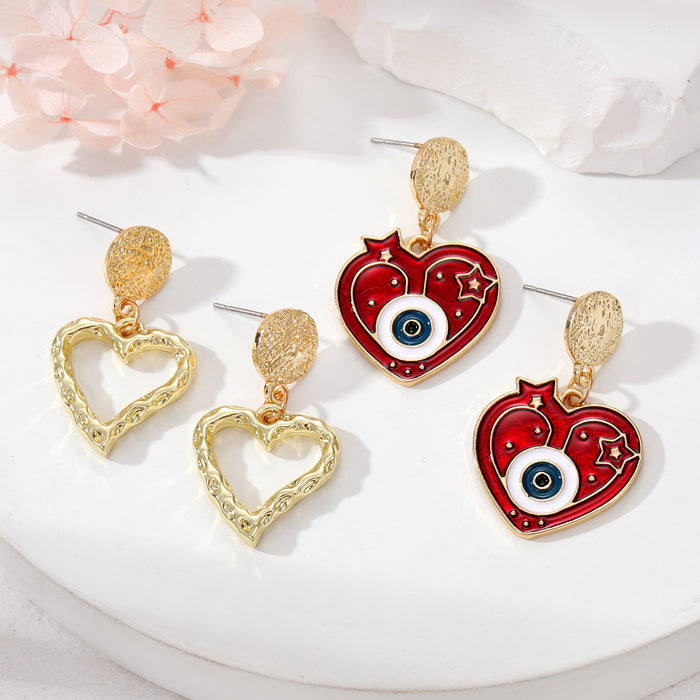 Gold Tone Enamel Evil Eye Heart and Open Heart Drop Stud Earrings
