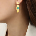 Gold Geometric Drop Earrings Watch Face Shell Crystal Stripe view 8