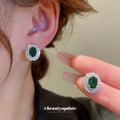 Green Oval Crystal Halo Stud Earrings For Women Jewelry view 1
