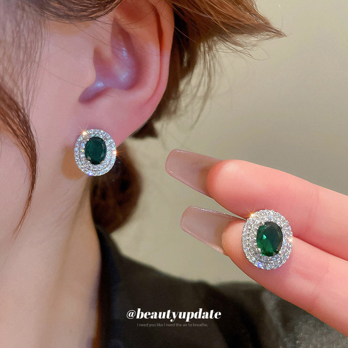 Green Oval Crystal Halo Stud Earrings For Women Jewelry