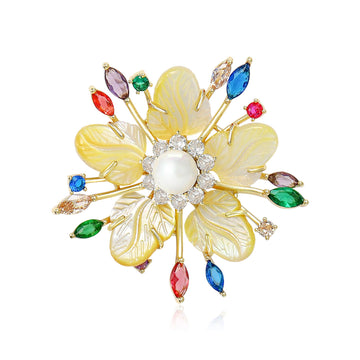Yellow Petal Flower Brooch with Pearl and Multicolor Crystals