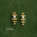 Gold Bamboo Branch Drop Earrings White Pearl Layered Pair view 1