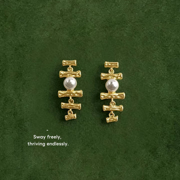 Gold Bamboo Branch Drop Earrings White Pearl Layered Pair