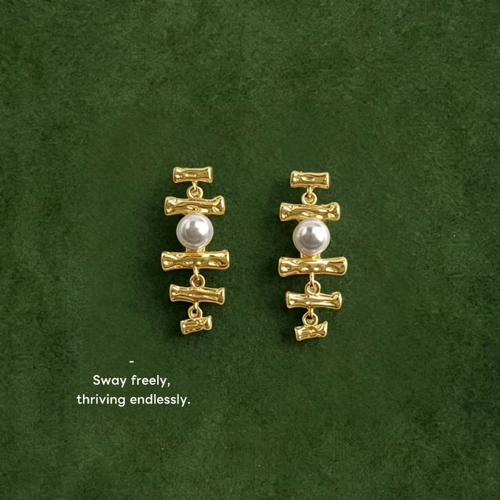 Gold Bamboo Branch Drop Earrings White Pearl Layered Pair