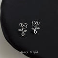 Silver Black Rose Mini Flower Stud Earrings Zircon Leaves view 4