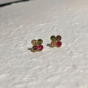 Multicolor Four Stone Flower Mini Stud Earrings Gold Tone