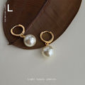 Gold Huggie Hoop Earrings White Glass Pearl Drop Charm view 1