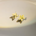 Pale Yellow Flower Stud Earrings Bronze Double Leaves view 3