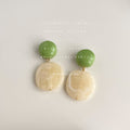 Green Round Stud Cream Marbled Oval Drop Earrings Pair view 3