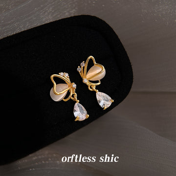 Gold Tone Cream Cat Eye Butterfly Clear Drop Stud Earrings