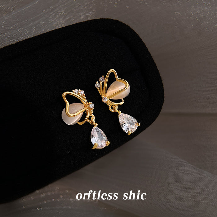 Gold Tone Cream Cat Eye Butterfly Clear Drop Stud Earrings