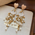 Beige Heart Beaded Chandelier Drop Earrings With Tassels view 1