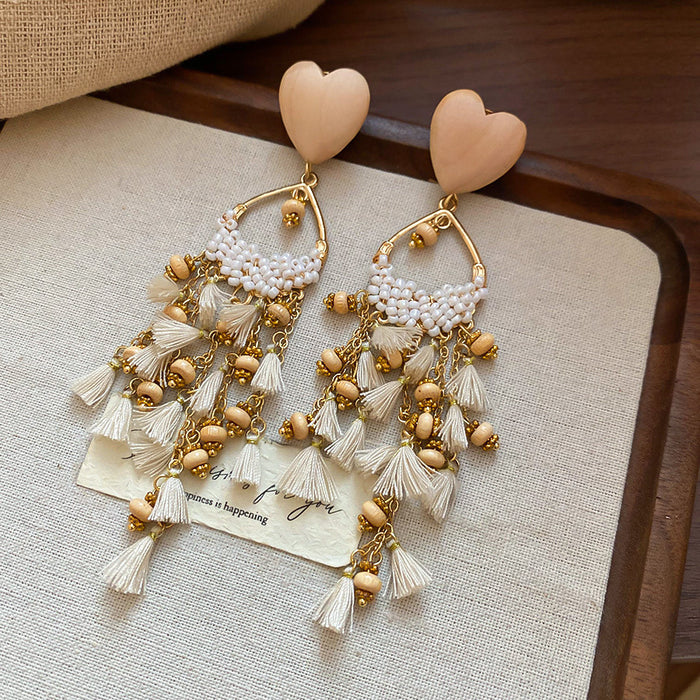 Beige Heart Beaded Chandelier Drop Earrings With Tassels