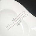 Silver Crystal Pave Cross Long Threader Chain Earrings view 2