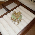 Gold Tone Floral Hair Claws With Green Chain Fringe Or Pearl Like Drops view 7
